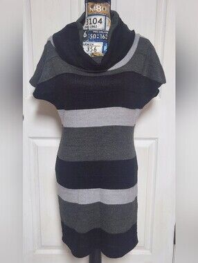 Women’s Medium Pink Rose Striped Cowl Neck Sweater Dress - Black & Gray
